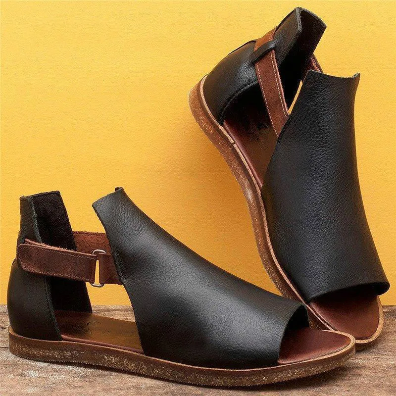 

Summer women sandals new retro roman sandals women shoes cover heel pu leather hook& loop flat casual shoes women sandals