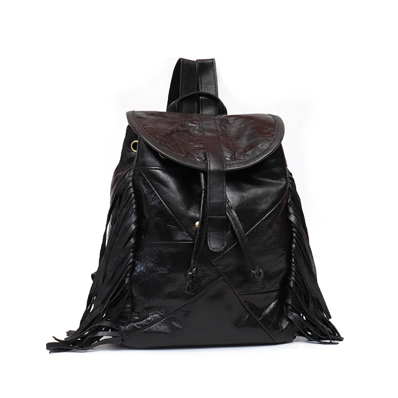 SC Fashion Sheepskin Backpack For Girls High Quality Leather Flap Shoulder Bag Women Tassel Day Pack School Bag ladies knapsack - Цвет: BLACK