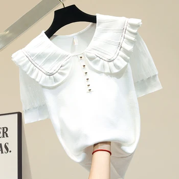 

Summer Womens Knitted T-shirt Lapel Short Sleeve T Shirt Female Top Summer Tshirt White Black Blusas Mujer De Moda 2020 Nancylim