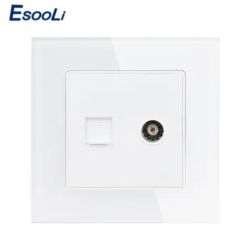 

Esooli White Luxury Crystal Glass Panel 1 Gang RJ11 2 Core Telephone With Female TV Outlet Wall Socket
