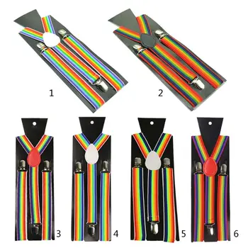 

Unisex Wide Adjustable Y-Back Suspenders Rainbow Colorful Striped Belt with Clip
