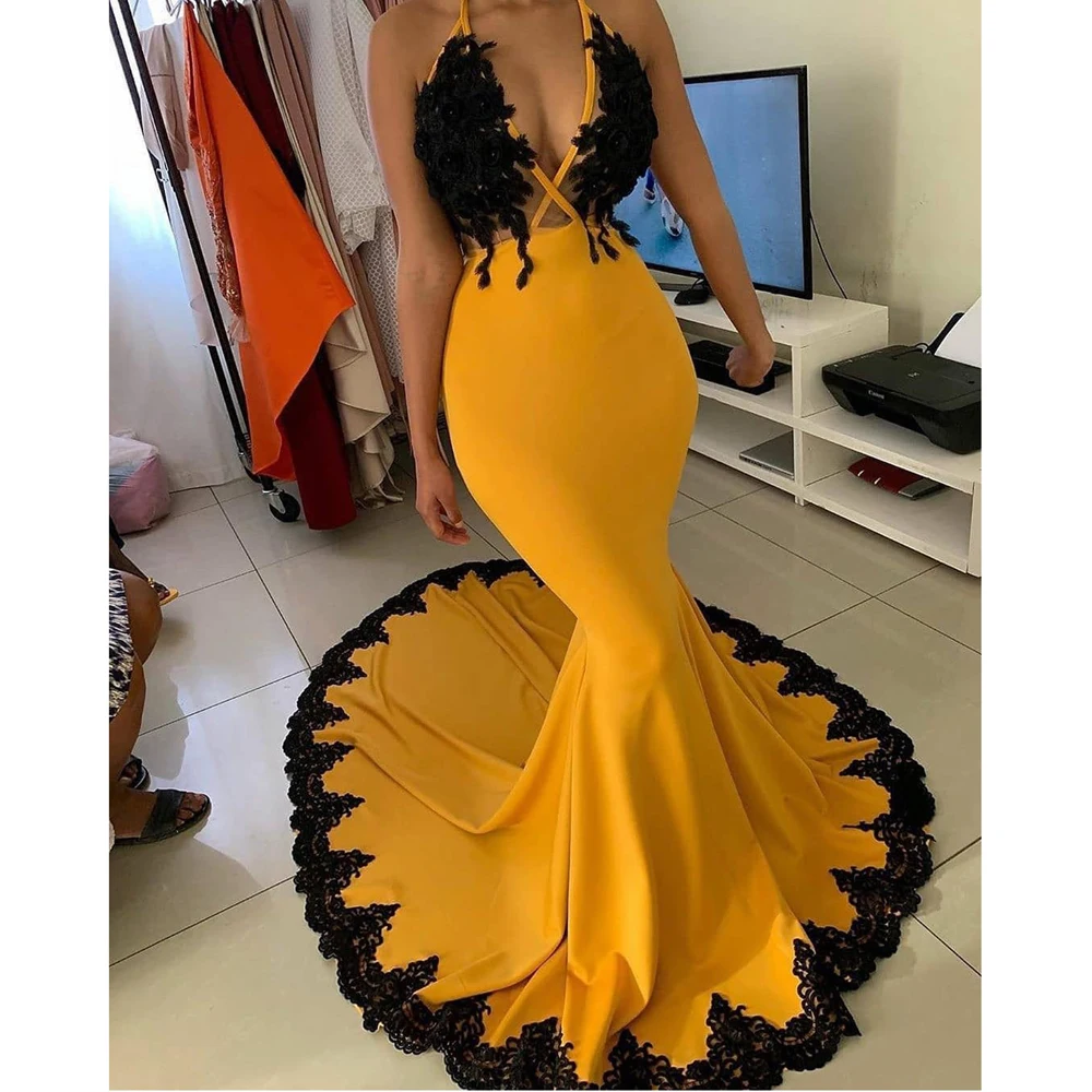 JaneVini, африканские вечерние платья русалки, длинные,, черное, кружевное, аппликация, сексуальное, желтое, официальное платье, vestidos largos fiesta - Цвет: Same as picture