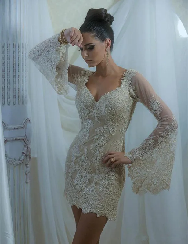 

Elegant 2019 Cocktail Dresses Sheath Long Sleeves Short Mini Appliques Lace Beaded Homecoming Dresses