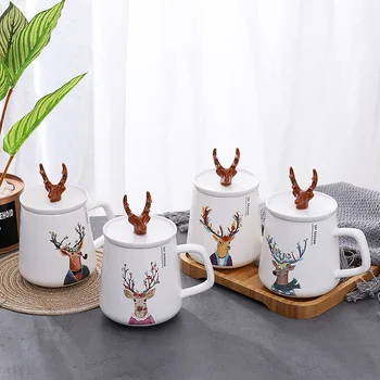 

EWAYS INS North Europe Style Elk Deer Ceramic Cup Kit Porcelain Constellation Theme Mug Christmas Gift