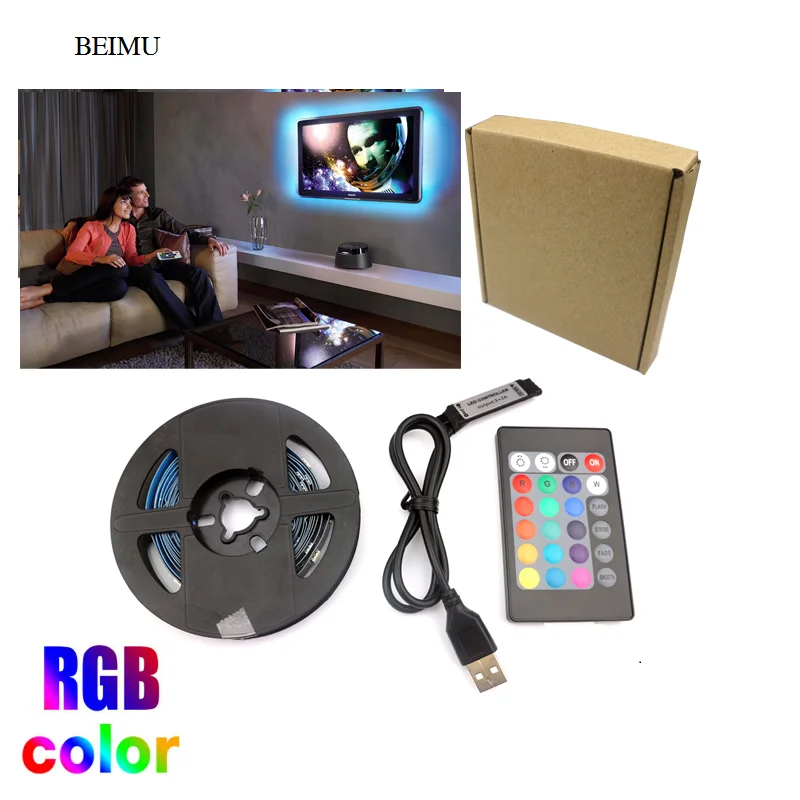 Многоцветный RGB 5050 USB Светодиодная лента 5В лента гибкий светодиодный светильник USB с мини 24 клавишами пульт дистанционного управления ТВ фоновый светильник ing 5 м - Цвет: Многоцветный