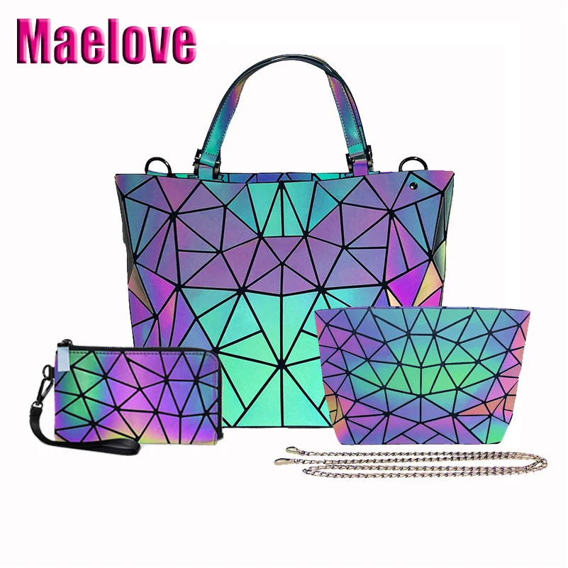 Maelove 1set Luminous bag Women Geometry Handbag Laser Plain Folding Tote Shoulder geometric purse diamond Free Shipping | Багаж и сумки