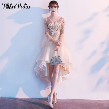 

Champagne High Low Prom Dresses With 3/4 Sleeves Elegant V-neck Gold Appliques Short Front Long Back Tulle Evening Gown Short