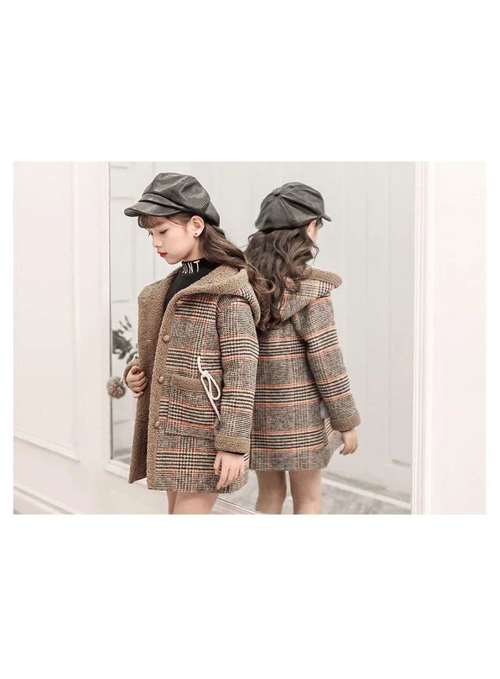 Girls winter plus velvet thickened long tartan coat in the big boy foreign fashion hooded woolen coat jacket