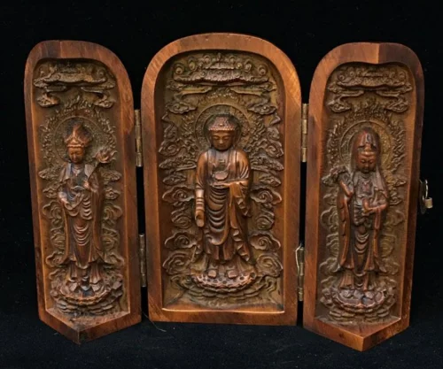 

China old Box wood Western Sansheng Guanyin Buddha statue Decoration