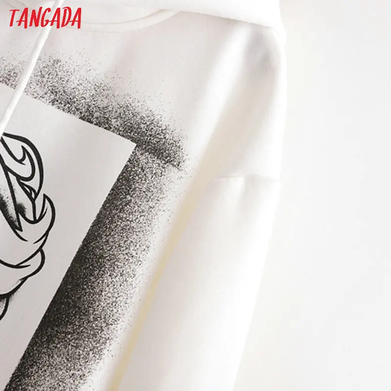 Tangada, женские белые толстовки с принтом, большие размеры, с длинным рукавом, с капюшоном, свободные пуловеры, повседневные женские топы, 1D08