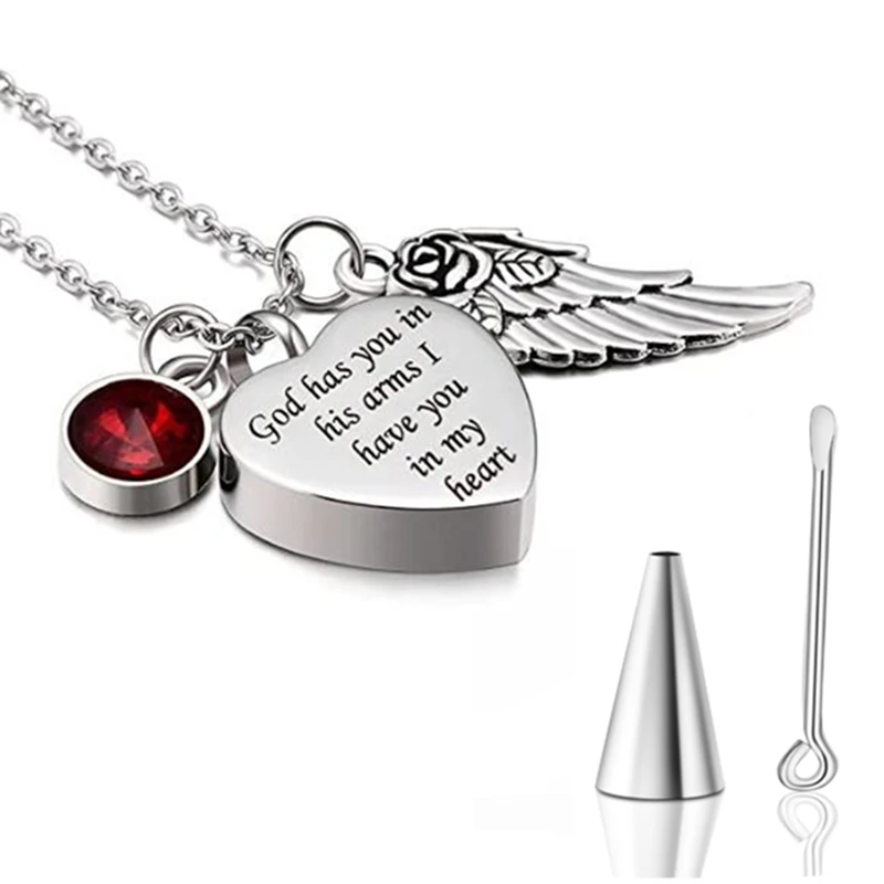 Gott hat Sie in seine arme mit Engel Flügel Charme Feuerbestattung Asche Schmuck Andenken Denkmal Urne Halskette mit Birthstone Kristall – Detail 5