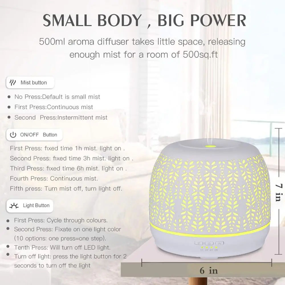 500ml Aromatherapy Essential Oil Diffuser White Iron Handmade Ultrasonic Air Humidifier 7 Color Light Change For Home SPA