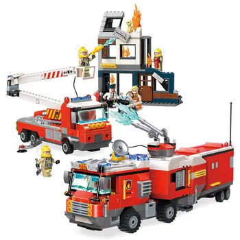

Series Fire Rescue Spraying Qman Compatible City Engine Car Scaling Ladder Set Firemen Mini Figures Building Blocks Toys Kids