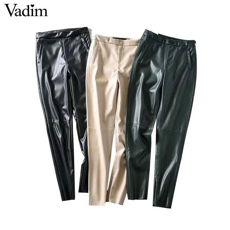 Vadim женские стильные брюки из искусственной кожи с боковыми карманами на молнии, украшенные женскими стильными одноцветными брюками, длинные брюки mujer KB219