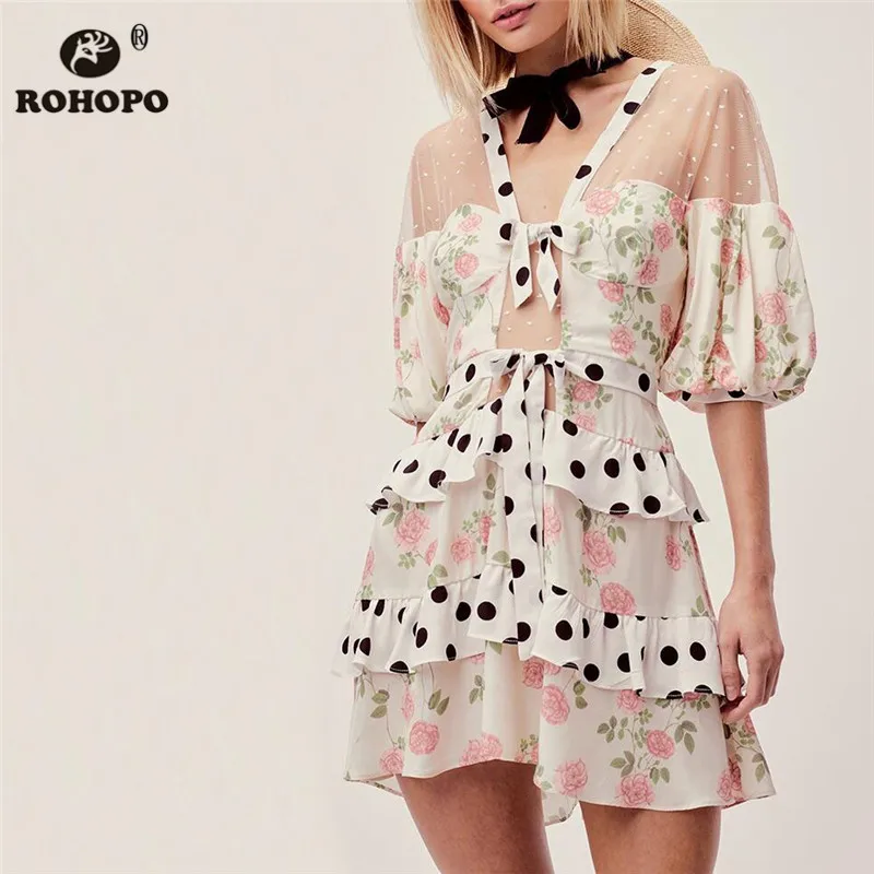

ROHOPO Pink Dolk Dot Cascading Ruffles Mesh Chiffon Cake Dress Puff Sleeve Top V Tie Preppy Girl Chic Floral Mini Vestido #6072