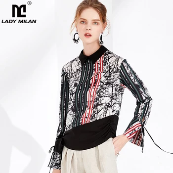 

100% Silk Women's Shirt Turn Down Collar Long Sleeves Striped Printed Fashion Elegant Blouse Tops