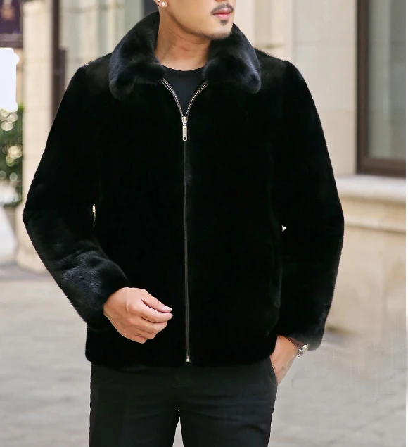

real men mink fur coat winter warm full pelt fur classic black color luxurious with collar thick mens coats outwear jacket