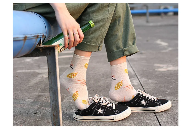 3 пар/лот, женские осенне-зимние носки, хлопковые носки с принтом растений, забавные носки с рисунками, Kawaii Sokken Calcetines
