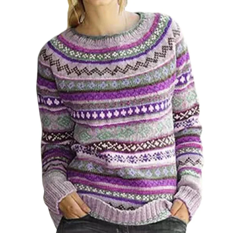 Purple Vicabo, женская мода, круглый вырез, бохо, длинный рукав, пуловер, свитера, жаккард, вязанный, мягкий, свободный, сохраняет тепло, свитер, топы - Цвет: Purple