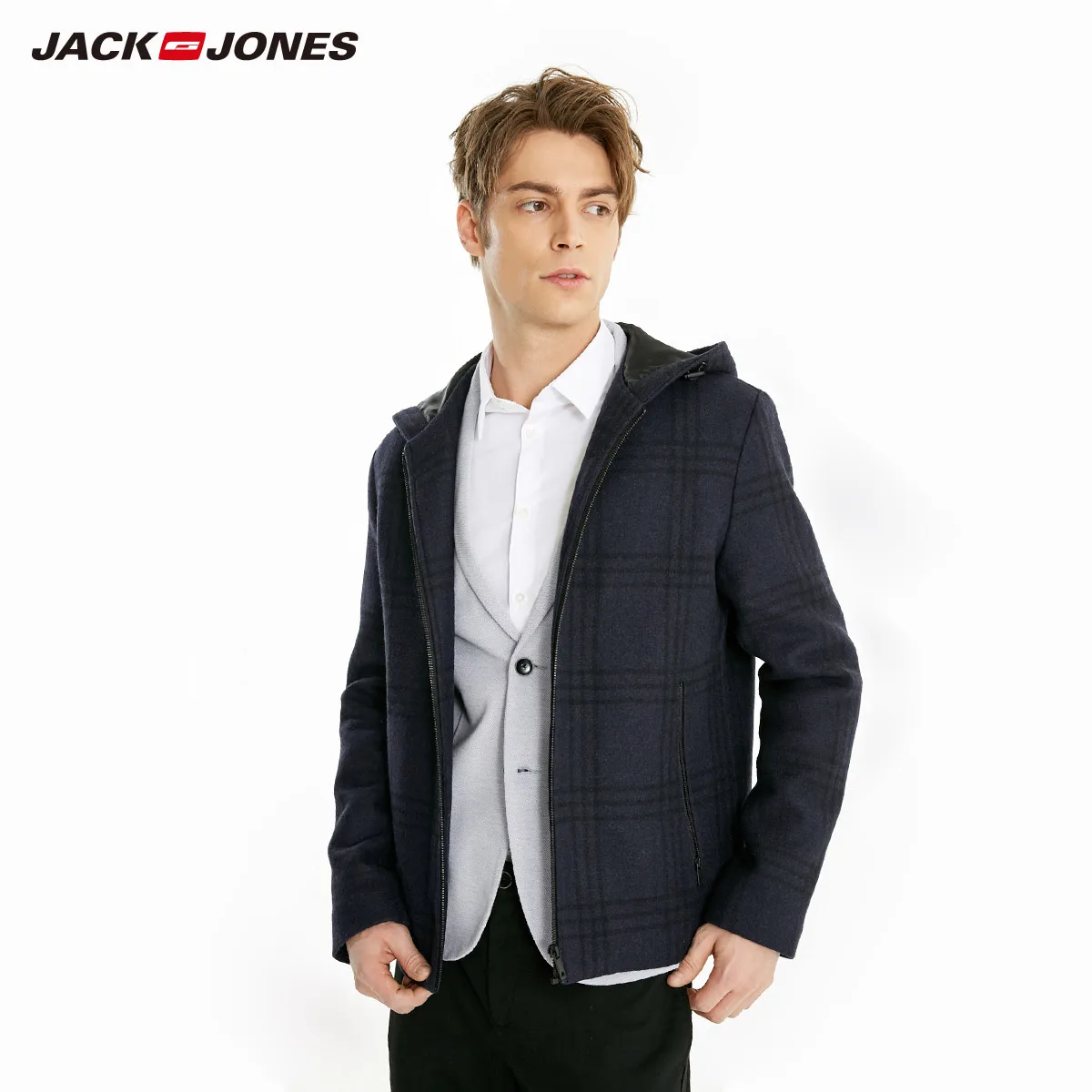 JackJones осень и зима мужское деловое шерстяное клетчатое пальто с капюшоном | 219127507