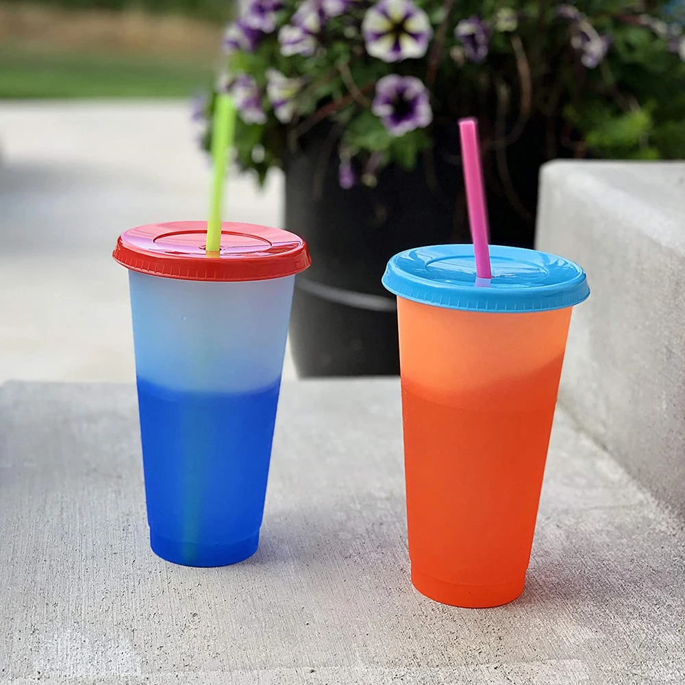 Reusable Travel Cup To Go Coffee Tumblers - Summer Cold Drink Cups with Lids  and Straws, Color Changing Cups