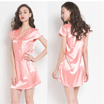 

Short-sleeved nightdress Explosive loose home service ladies silky sexy night dress lace V-neck elegant short skirt night gown