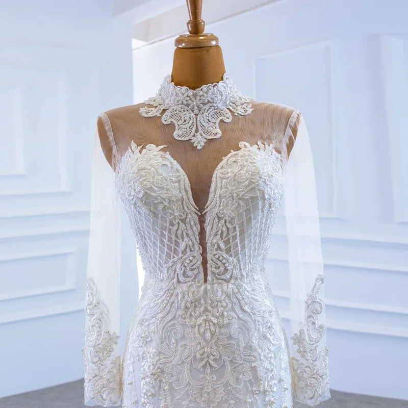 RSM67180 White V-neck Transparent Lace Wedding Bridal Gown 2021 Long Sleeve Applique Print Back Lace Up Banquet Wedding Dress 6