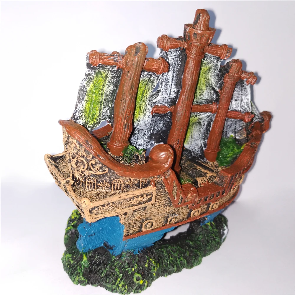 Aquarium Junk Decoration Resin Boat Fish Tank Vintage Hollow Pirate Sailboat with Base Handmade Ornament Wreck Sunk Ship