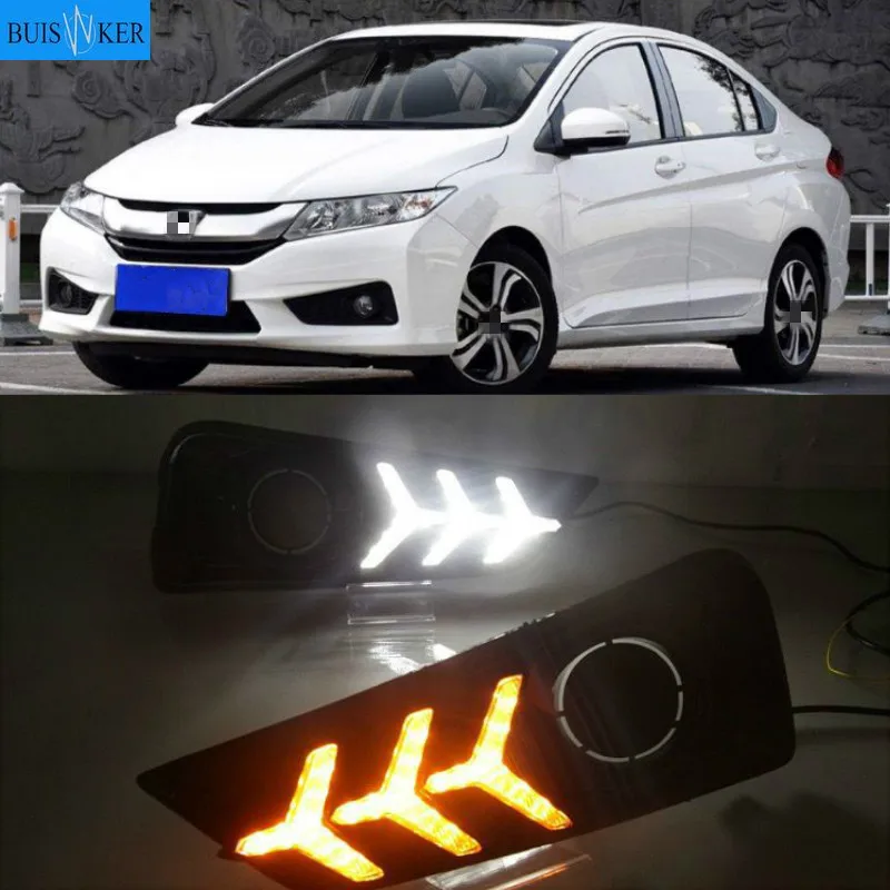 

2 шт. светодиодные дневные ходовые огни светильник для Honda City Grace 2015 2016 2017 желтый указатель поворота реле Водонепроницаемый 12V DRL Противотуманные лампы