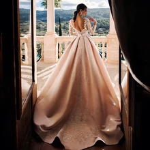 

Champagne Satin Aline Wedding Dresses Gown V Neck Appliques Beads Pleat Sposa Vestidos Bridal Party Robe De Mariée Customised