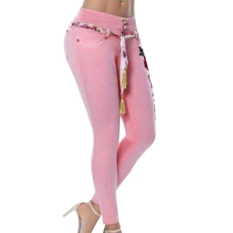 Женские джинсы с цветочной вышивкой размера плюс 5XL, богемные обтягивающие джинсы, джинсовые брюки-карандаш, повседневные джинсы с высокой талией - Цвет: Розовый