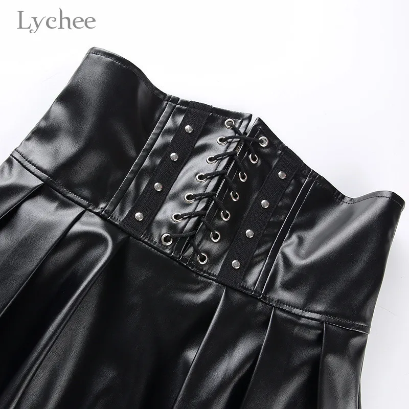 Lychee в стиле Харадзюку, однотонная плиссированная Женская юбка из искусственной кожи с высокой талией на шнуровке, женские юбки, весенне-летние мини-юбки из искусственной кожи