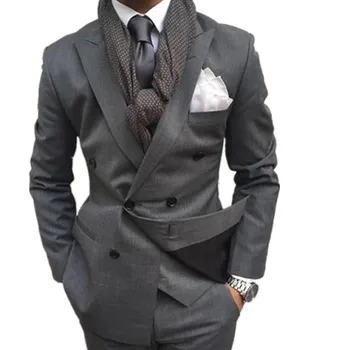 Cena Przystojny Podwójny Breasted Ciemnoszary Slim Fit Groom Smoking ślubny Bal ślubny Garnitur Terno Masculino (kurtka + Spodnie)