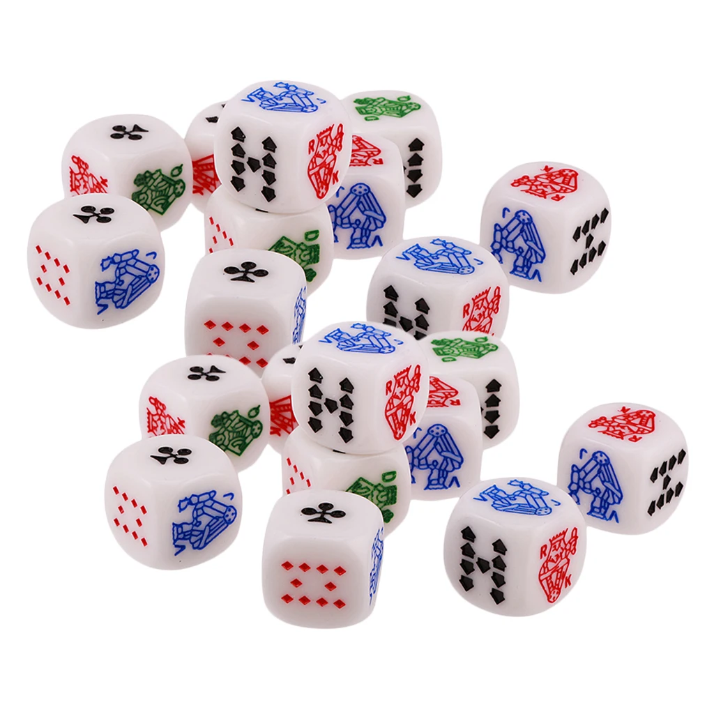 20 Pieces 12mm/0.47inch Acrylic 6-Sided Poker Dice With Symbols A K Q J 10
