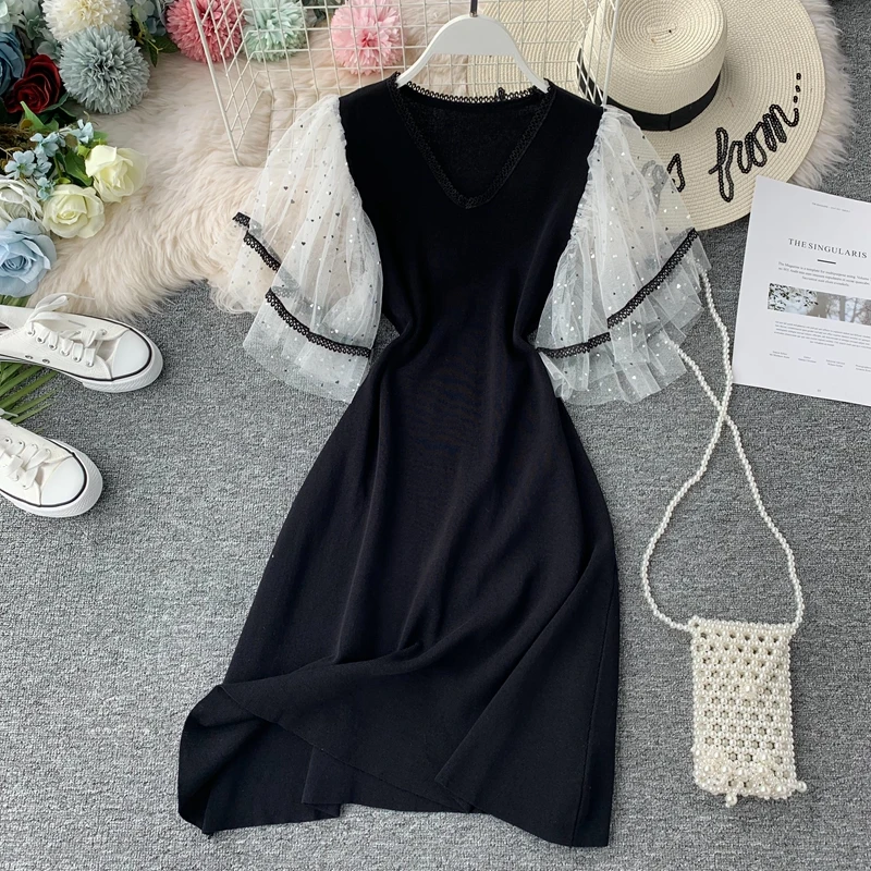 ALPHALMODA/ г., летнее и осеннее трикотажное платье с расклешенными кружевными рукавами в стиле пэчворк милое вязаное платье феи для девочек, Vestidos, приталенное платье