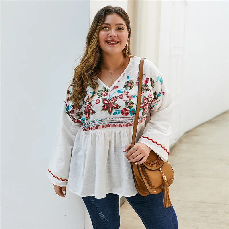 

2020 New Spring Summer Casual Plus Size Embroidery Top Women Full Sleeve V Neck Cotton Linen Top