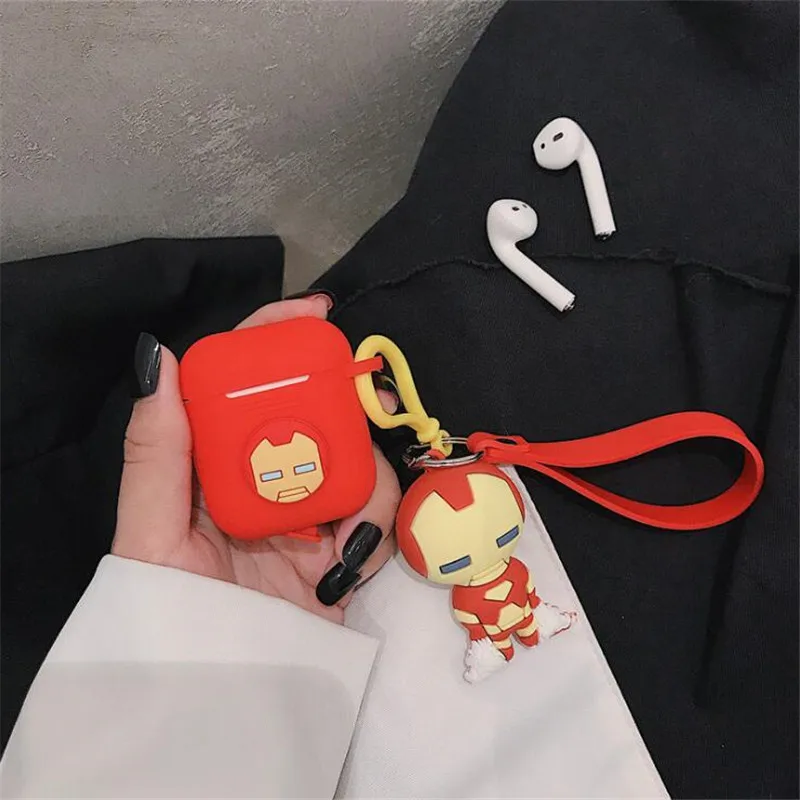 Marvel мультфильм аниме Airpods силиконовый чехол Супермен, супергерой Человек-паук Бэтмен, Железный человек Bluetooth гарнитура зарядное устройство силиконовый чехол - Цвет: Iron Man