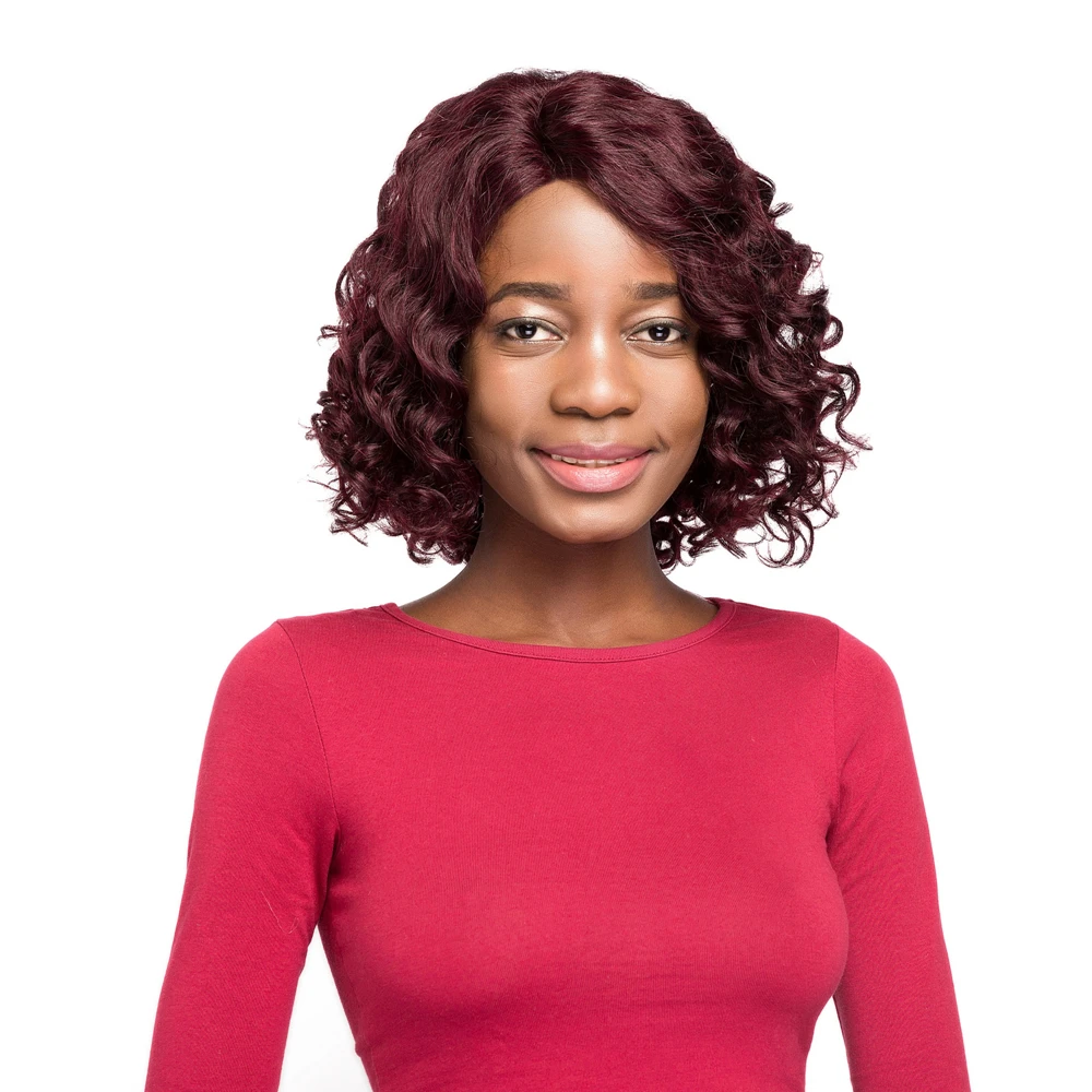 

Side Part Lace Front Wig Brazilian Short Bob Remy Human Hair Wig Loose Deep Brown Red Color Lace Wig For Women EUPHORIA