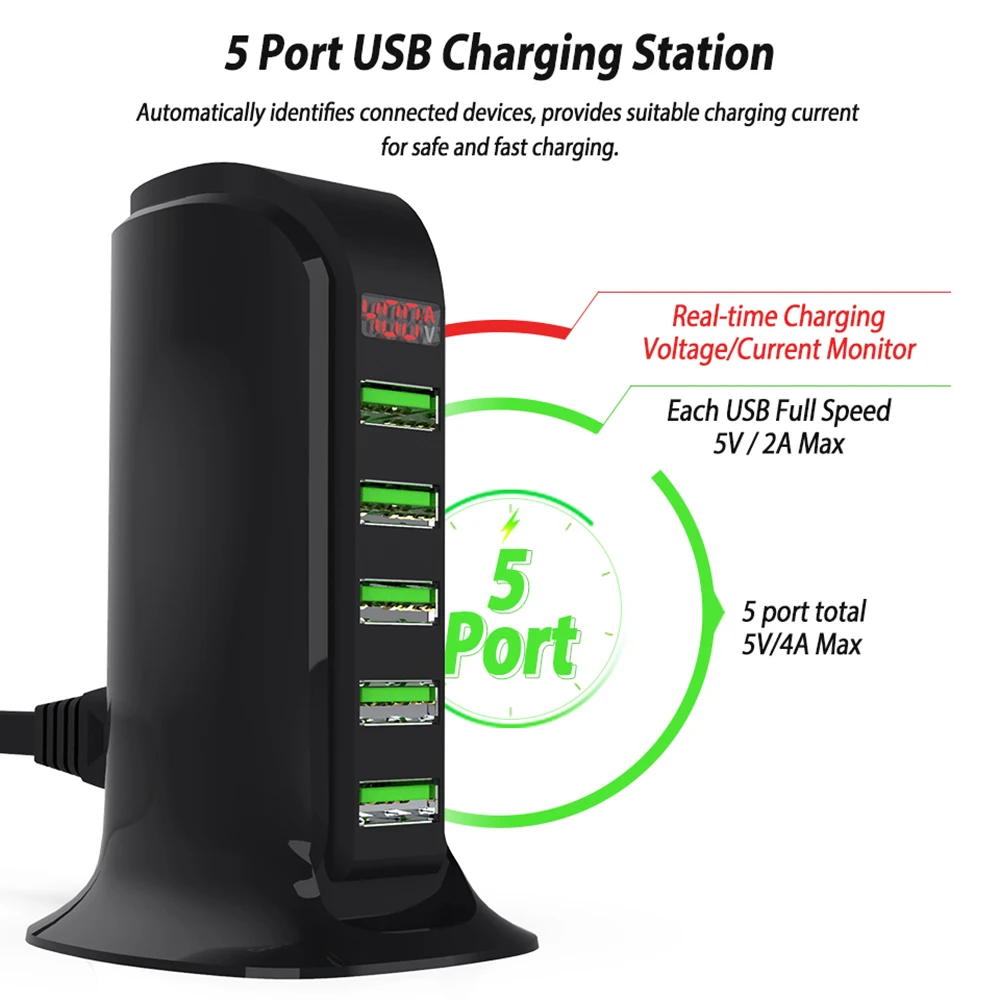 Универсальный 5 Порты и разъёмы зарядное устройство usb multi концентратор светодиодный Дисплей зарядка через usb док-станция для мобильного телефона настенный термометр стол беговой дорожке дома ЕС США Plug