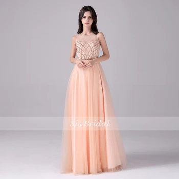 

A-Line Scoop Neck Floor Length Tulle Bridesmaid Dresses With Crystal and Sequined For Wedding Party