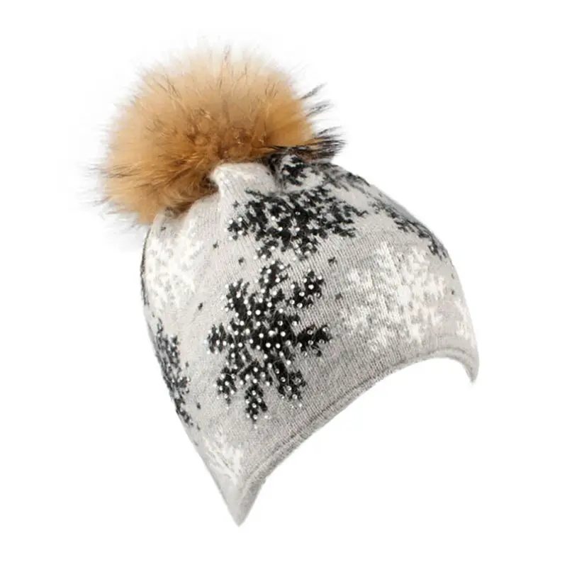 Модные зимние женские вязаные шапки со снежинками, теплые шерстяные шапки с помпонами, кашемировые вязаные шапочки высокого качества, повседневные уличные шапки