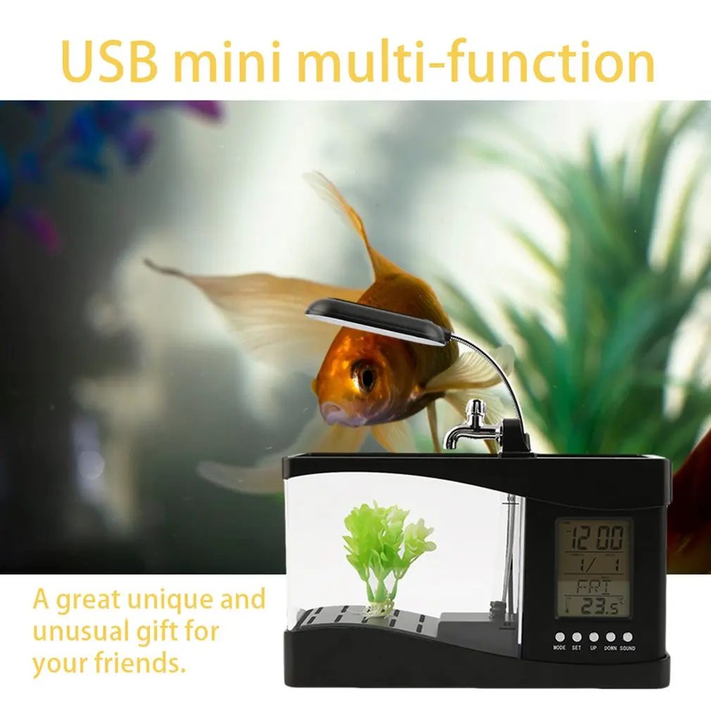 1.5L USB настольный мини аквариум с ЖК-таймером и будильником светодиодный светильник с черной рециркуляцией температуры и календарем