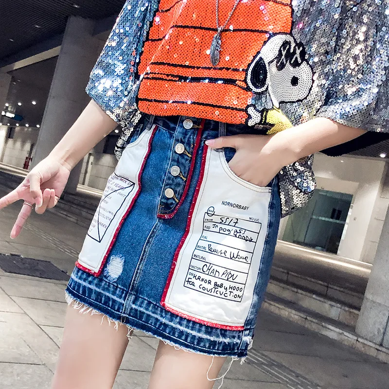 

Single Breasted High-waisted Ozhouzhan Denim Skirt Women's European Goods 2020 Spring New Style Printed A- line Short Skirt Fash