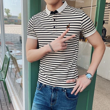 

Summer 2020 Men's Fashion Embroidered Striped T-shirt British Style Trend Social Men's Slim T-shirt PoloTop Breathable T-shirt