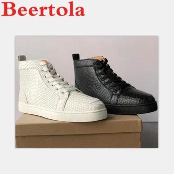 

New Men's Sneakers High Top Casaul Flats Snakeskin Pattern Black White Lace Up Espadrilles Men Leather Chaussures De Sport Homme