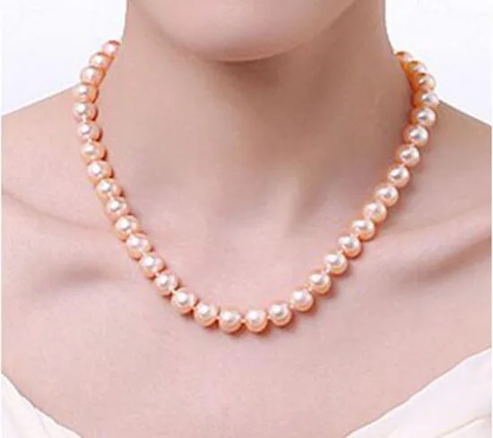 Send mom elegant natural pearl necklace round light bright pink freshwater 9-10mm female genuine really