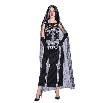 

Women Halloween Cosplay Costumes Dress Skull Printed spider web Hooded Cape Cloaks Skeleton Ghost Bride Performance Suit