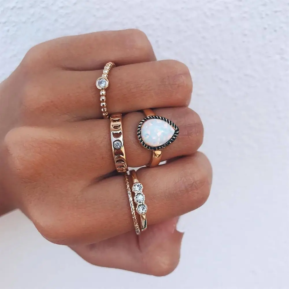 

Bohemian Vintage Opal Knuckle Rings Set For Women Boho Geometric Pattern Rings Party Bohemian Jewelry 5 PCS/Set