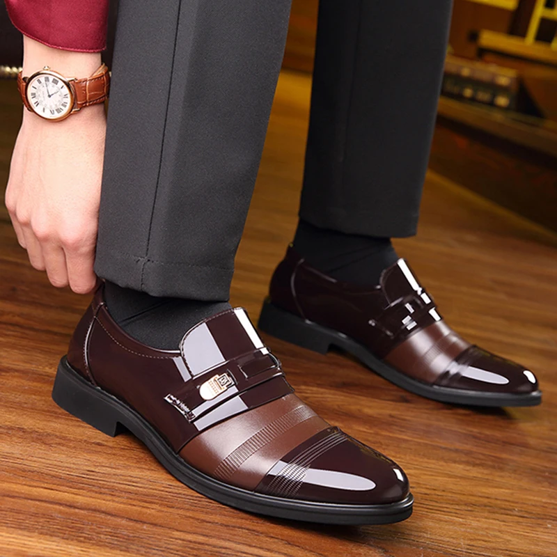 2019 Men Formal Shoes Slip On Pointed Toe Patent Business Leather ...
