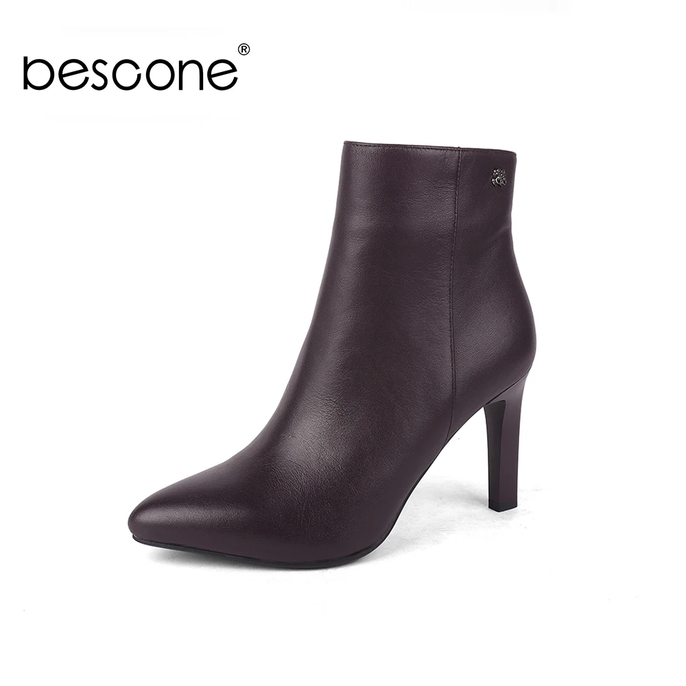 

BESCONE Sexy Pointed Toe Ladies Boots Top-Layer Genuine Leather Winter Handmade Zipper Shoes Thin Heel Solid Women Boots BC219